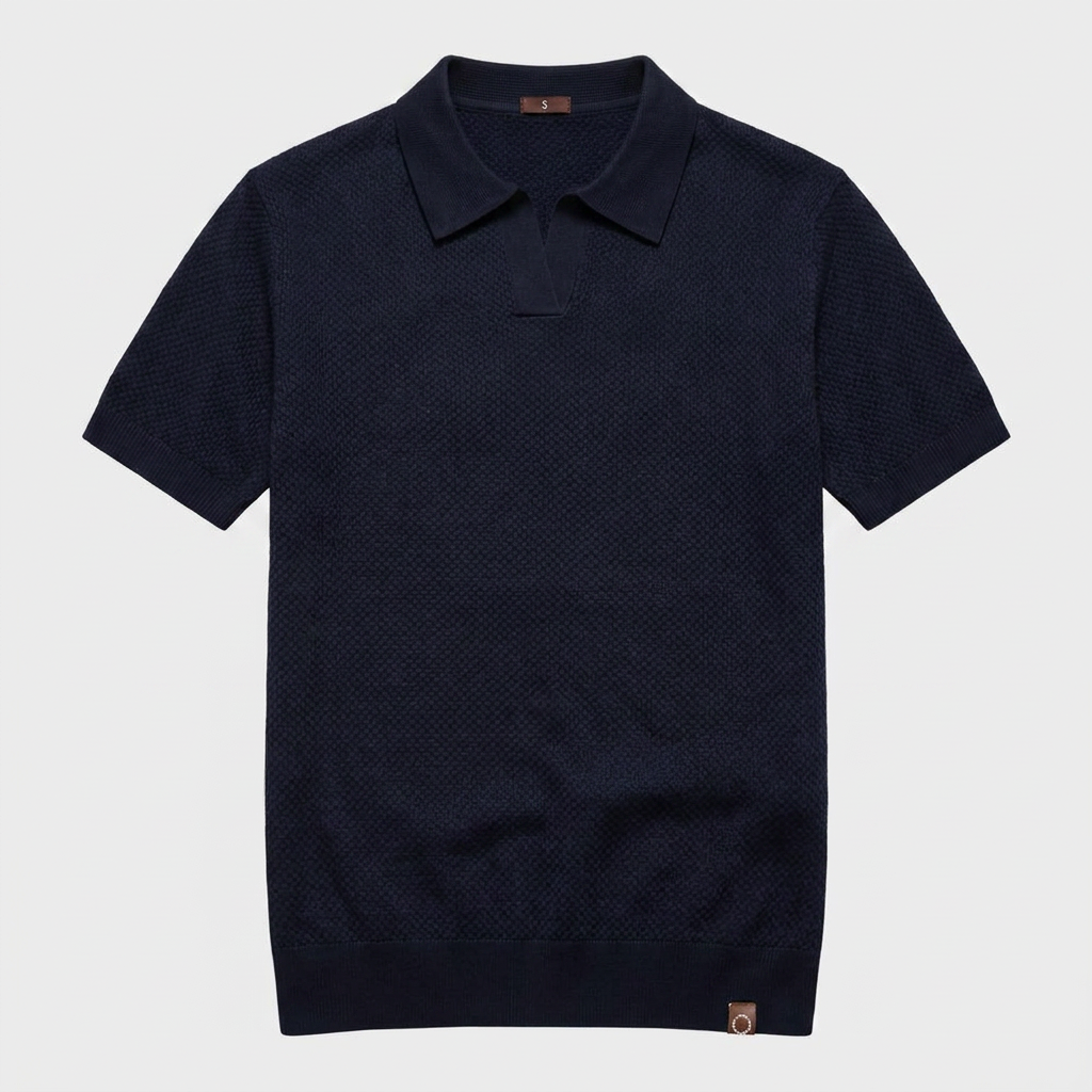 Grey knit polo flatlay