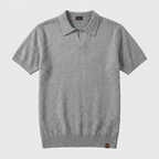 Light blue knit polo flatlay