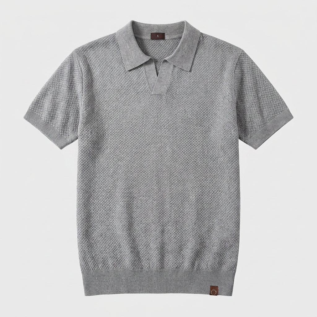 Light blue knit polo flatlay