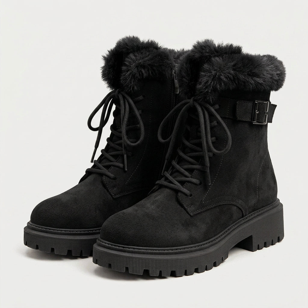 Women's Fuzzy Cuff Lace-Up Combat Boot – Platform Sole