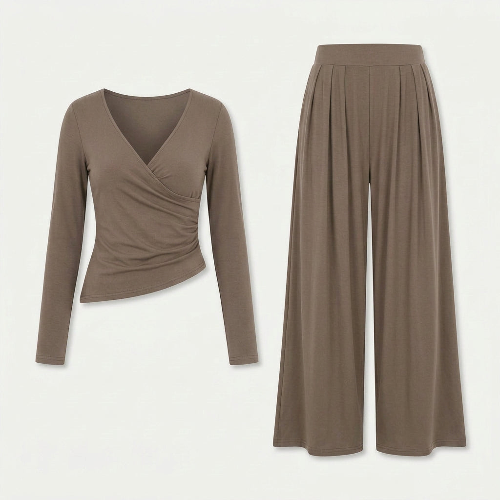 Women's Wrap Top & Wide-Leg Trouser Co-Ord Set – Pleated