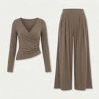 Women's Wrap Top & Wide-Leg Trouser Co-Ord Set – Pleated