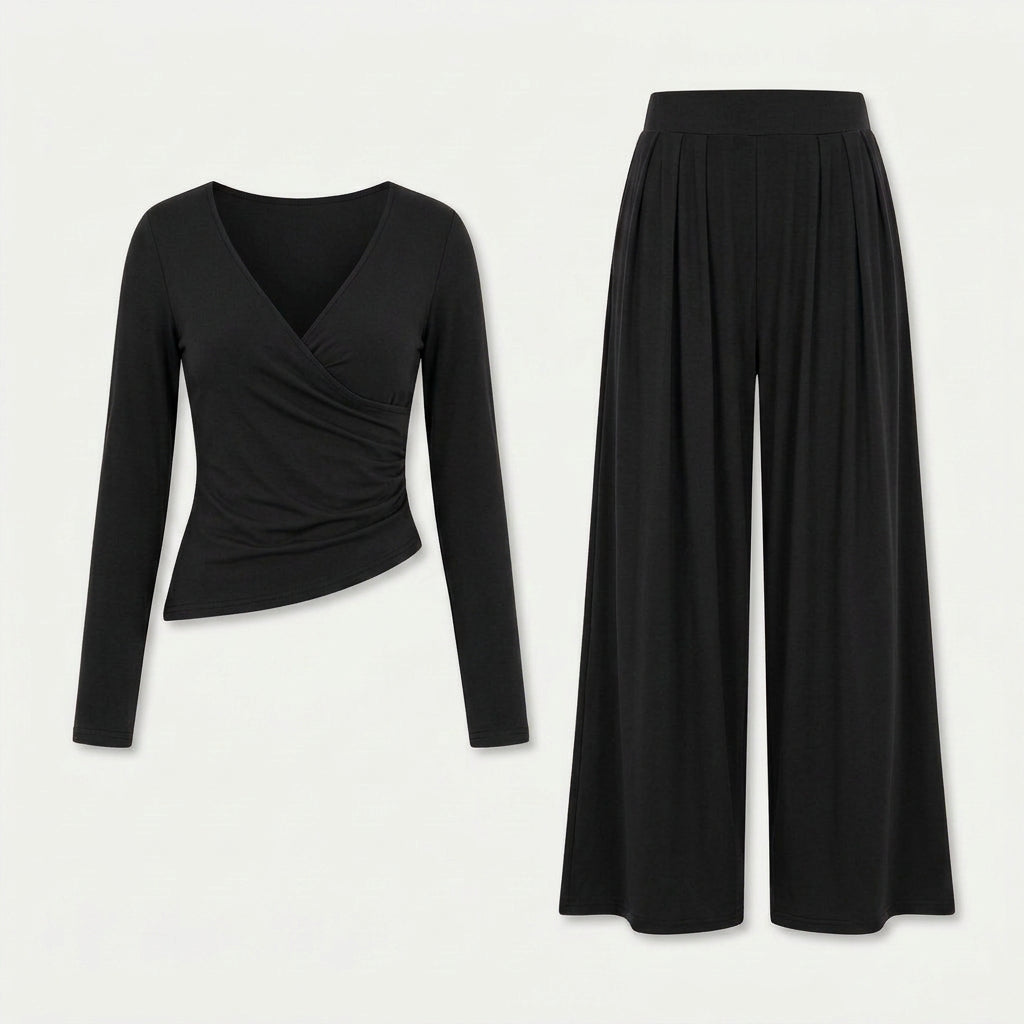 Women's Wrap Top & Wide-Leg Trouser Co-Ord Set – Pleated