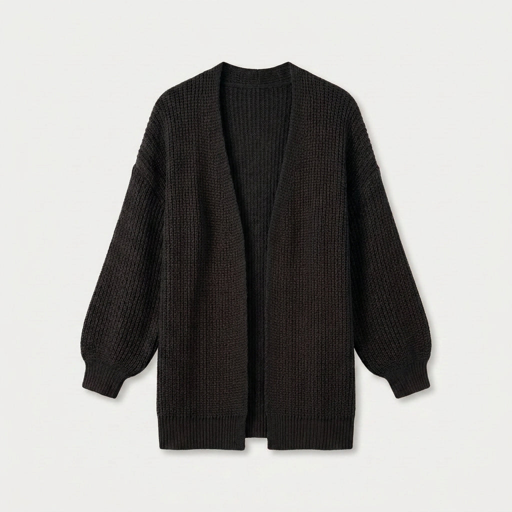 Women's Chunky Knit Cardigan – Open Front, Balloon Sleeve
