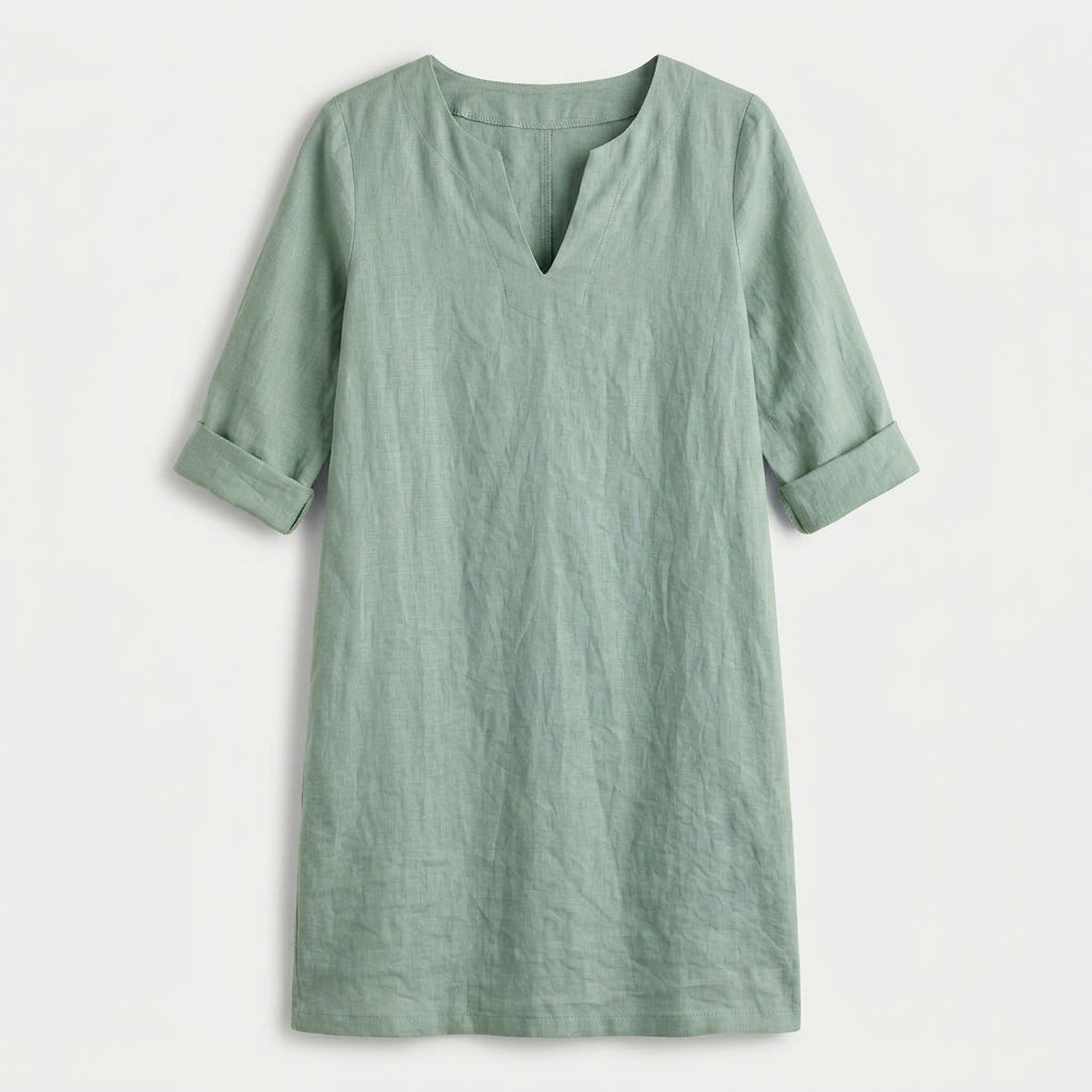 Women's Elbow Sleeve Linen Tunic Dress – V-Neck