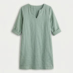 Women's Elbow Sleeve Linen Tunic Dress – V-Neck