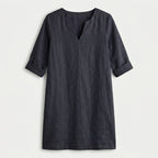 Women's Elbow Sleeve Linen Tunic Dress – V-Neck