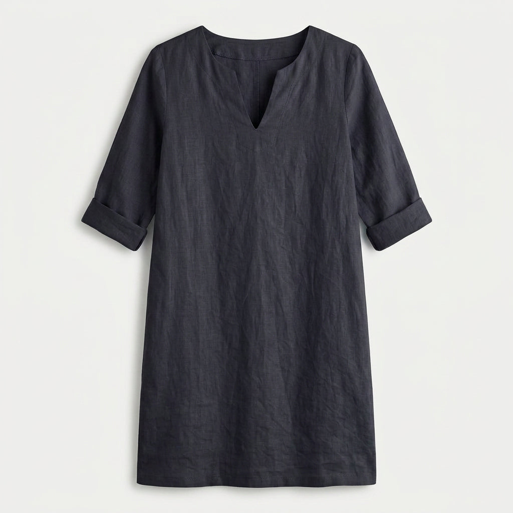 Women's Elbow Sleeve Linen Tunic Dress – V-Neck