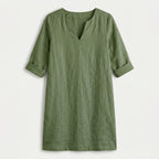Women's Elbow Sleeve Linen Tunic Dress – V-Neck