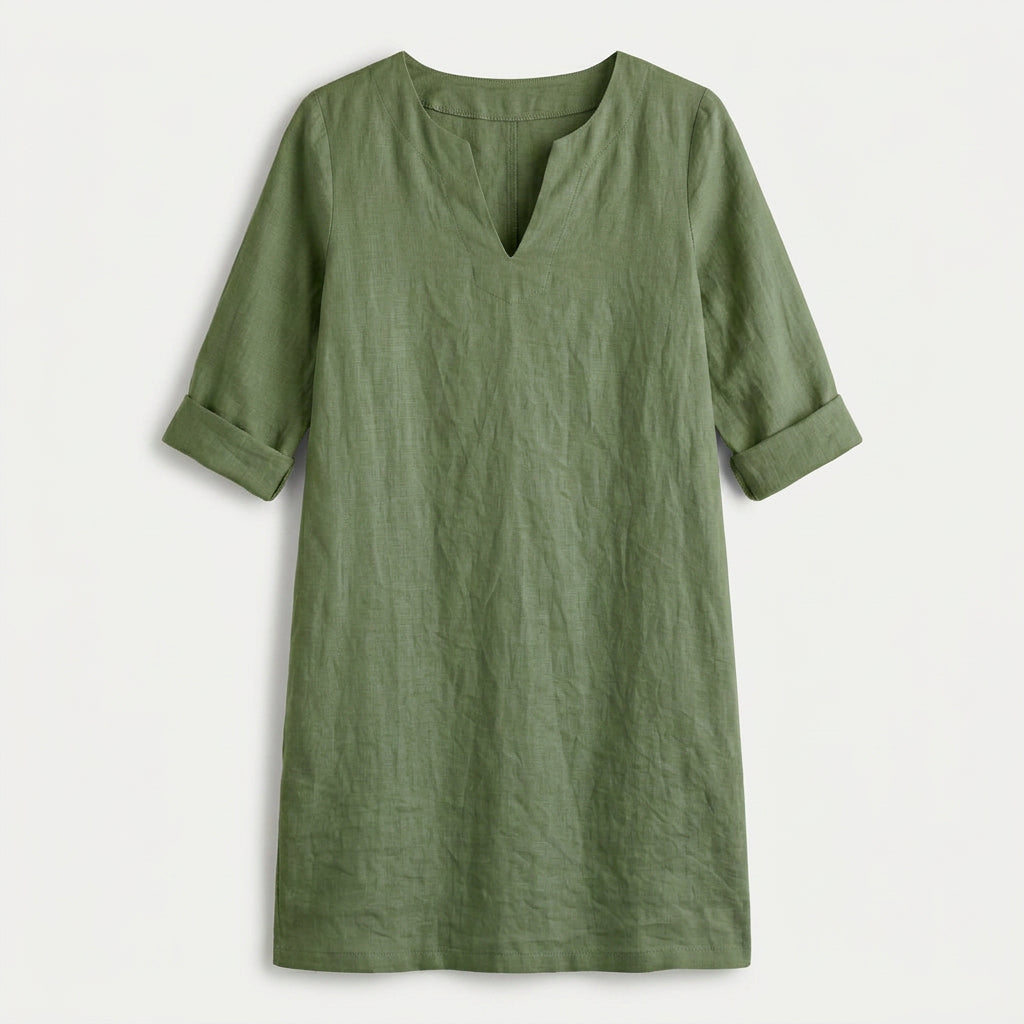 Women's Elbow Sleeve Linen Tunic Dress – V-Neck