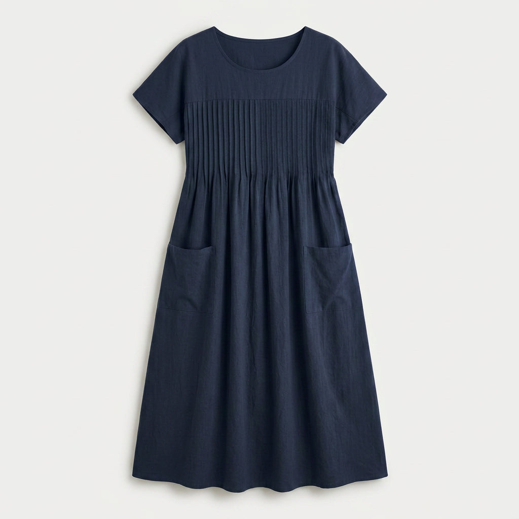 Women's Short Sleeve Pintuck Midi Dress – Pockets
