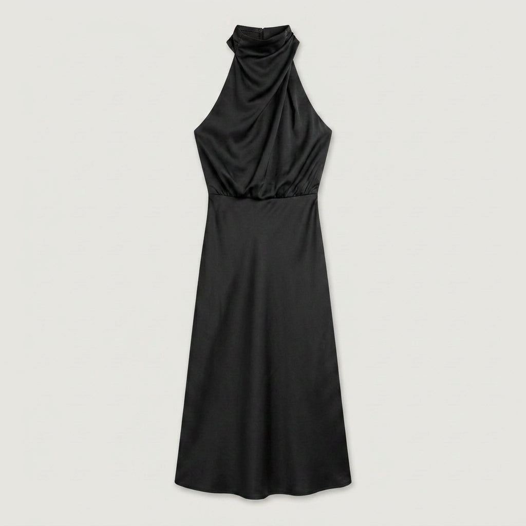 Women's Satin Halter Midi Dress – High Neck