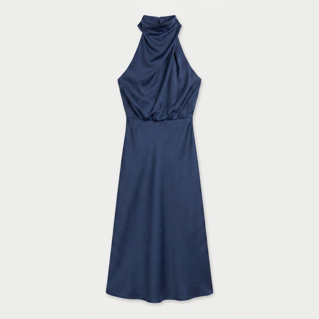 Women's Satin Halter Midi Dress – High Neck