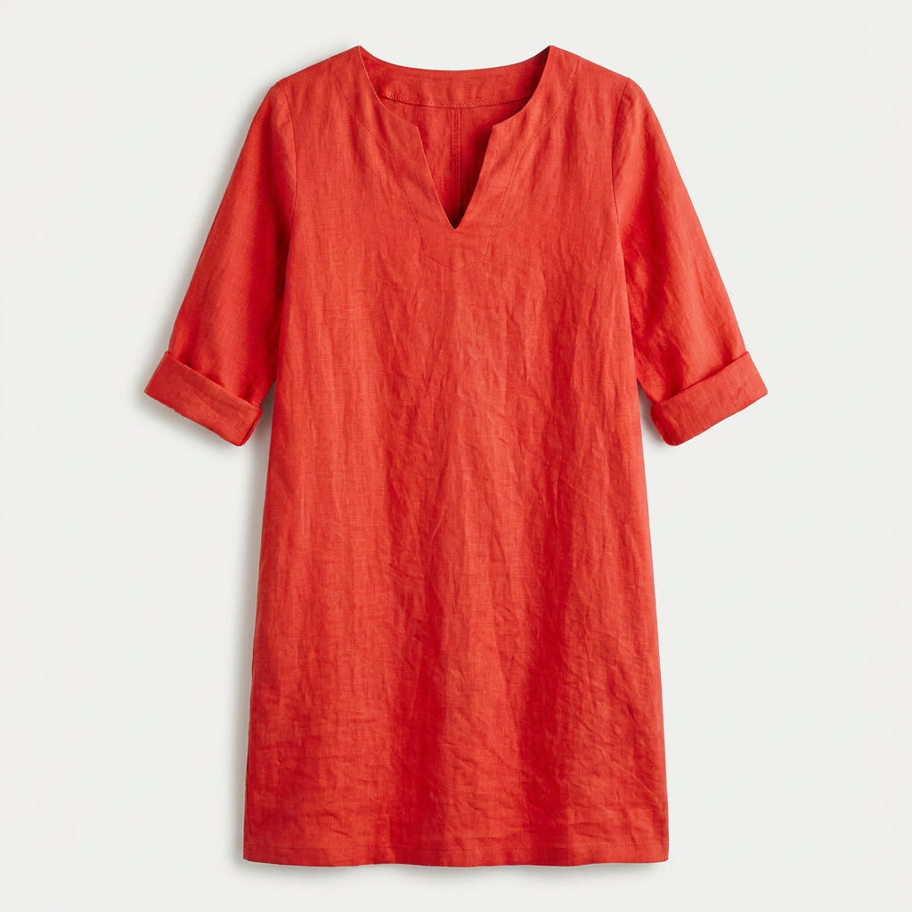 Women's Elbow Sleeve Linen Tunic Dress – V-Neck