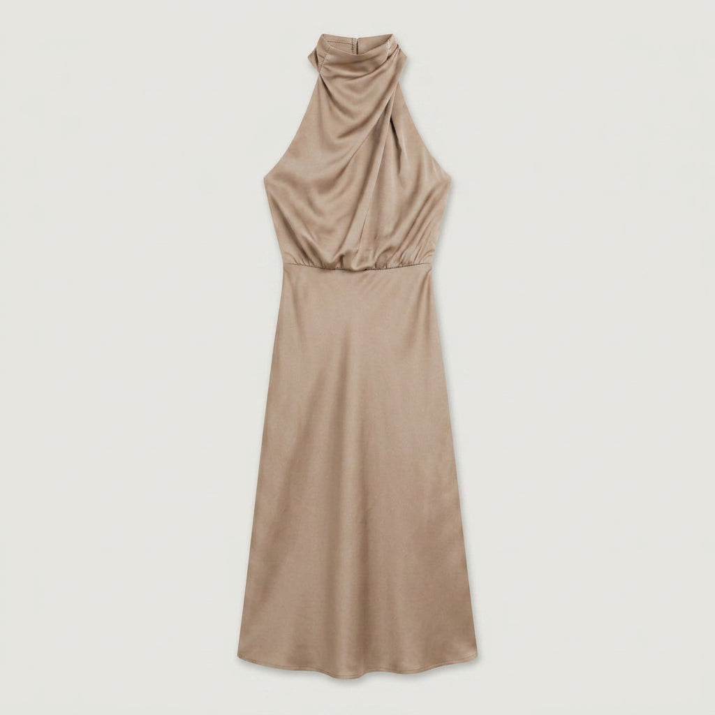 Women's Satin Halter Midi Dress – High Neck