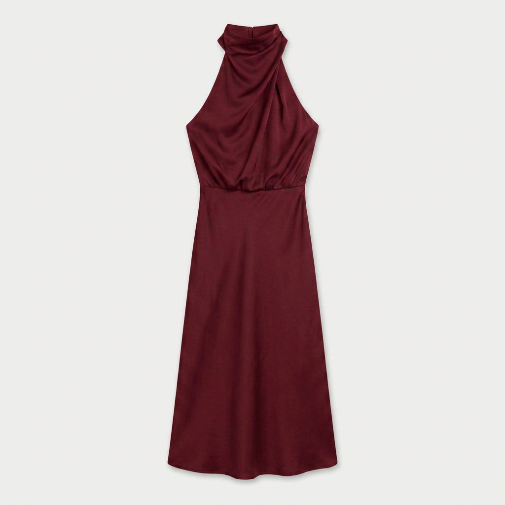 Women's Satin Halter Midi Dress – High Neck