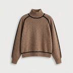 Women's Relaxed Fit Turtleneck Sweater – Contrast Piping, Ribbed Trims
