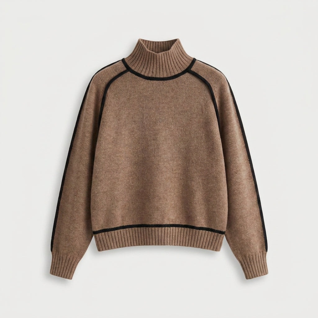 Women's Relaxed Fit Turtleneck Sweater – Contrast Piping, Ribbed Trims