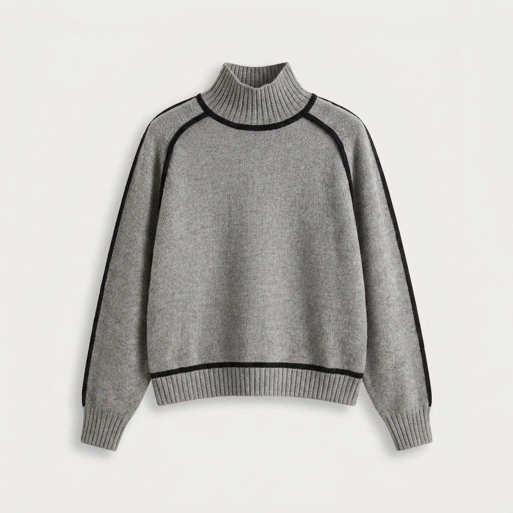 Women's Relaxed Fit Turtleneck Sweater – Contrast Piping, Ribbed Trims