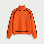Women's Relaxed Fit Turtleneck Sweater – Contrast Piping, Ribbed Trims