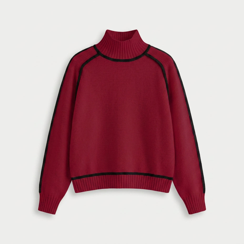 Women's Relaxed Fit Turtleneck Sweater – Contrast Piping, Ribbed Trims