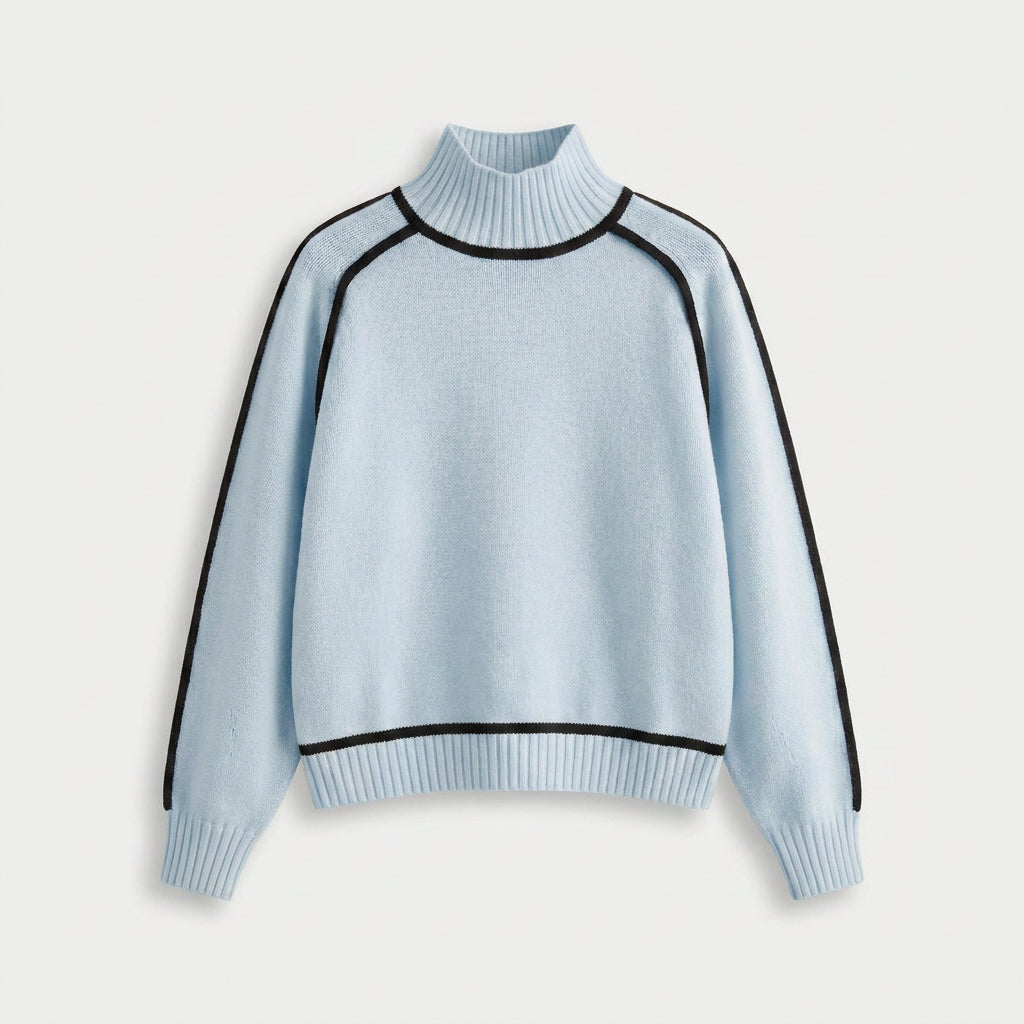 Women's Relaxed Fit Turtleneck Sweater – Contrast Piping, Ribbed Trims