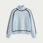 Women's Relaxed Fit Turtleneck Sweater – Contrast Piping, Ribbed Trims