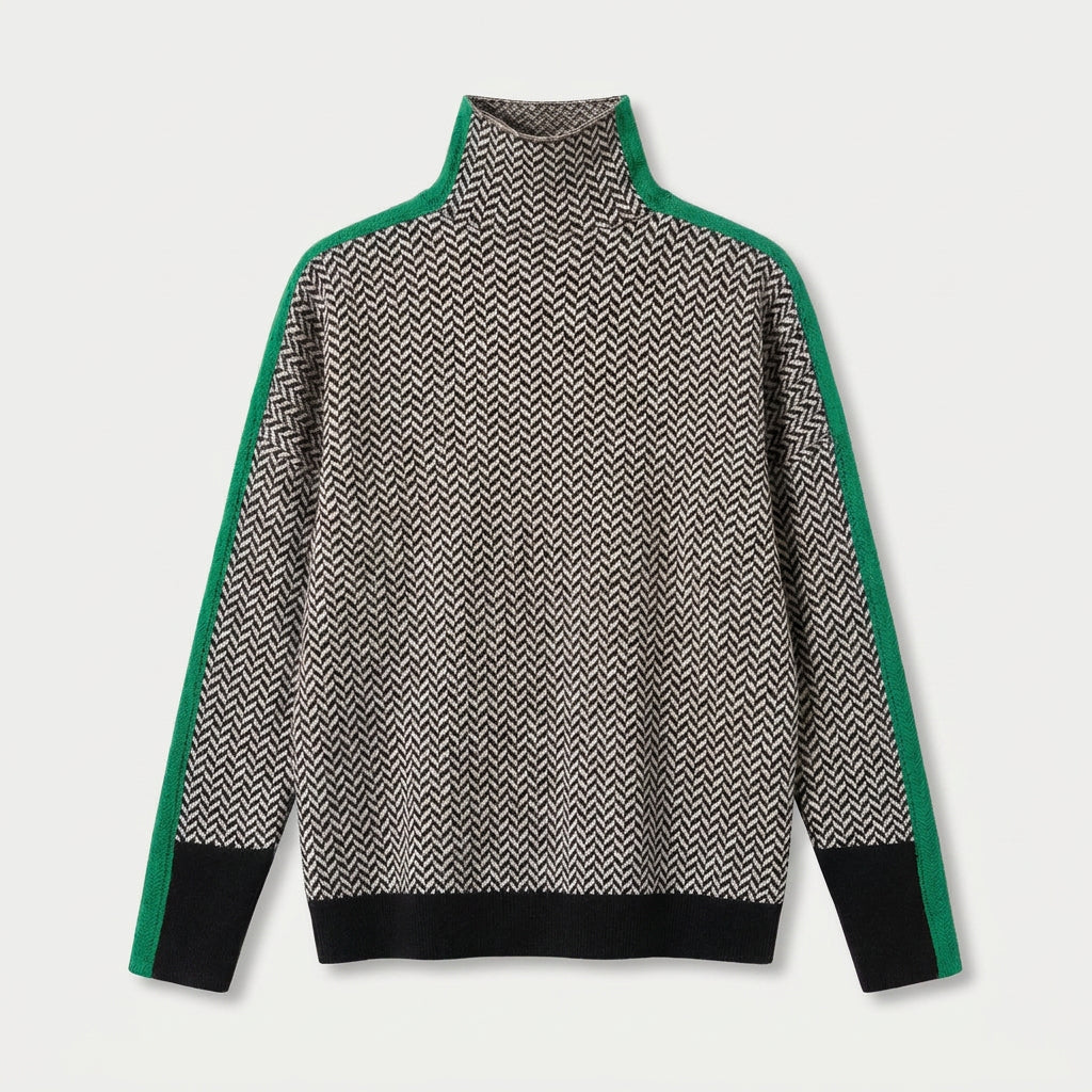 Women's Herringbone Funnel Neck Sweater – Sporty Stripe, Color-Block Trims