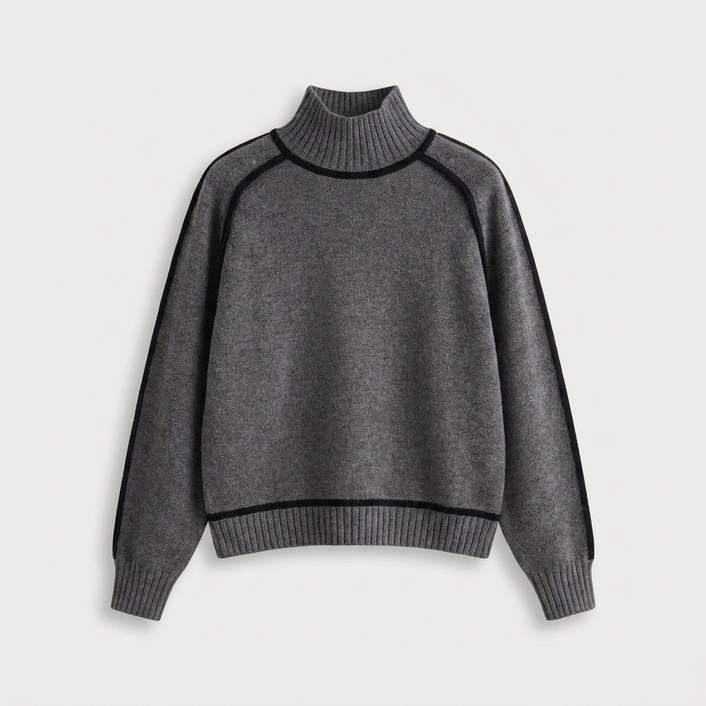 Women's Relaxed Fit Turtleneck Sweater – Contrast Piping, Ribbed Trims
