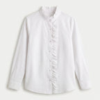 Women's Ruffle Trim Button-Up Blouse – Striped Seersucker
