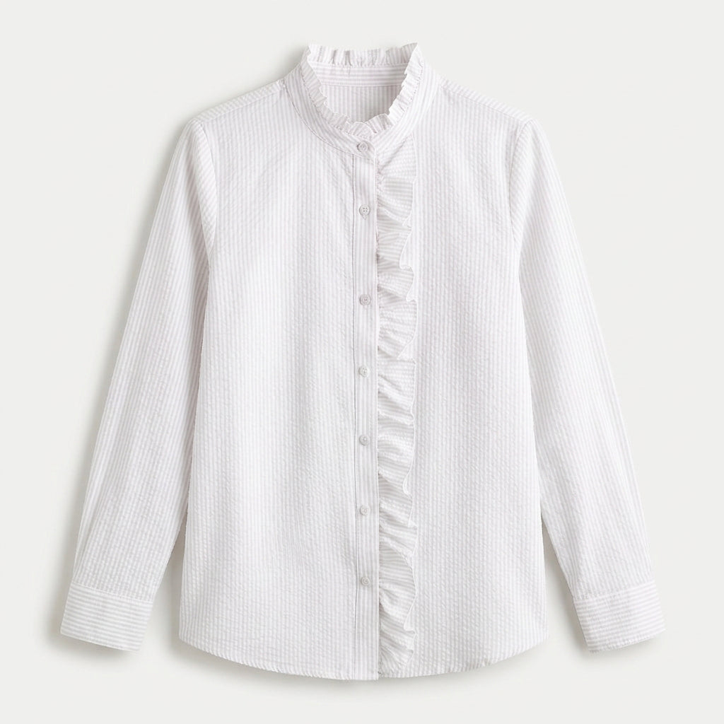 Women's Ruffle Trim Button-Up Blouse – Striped Seersucker