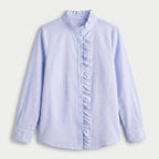 Women's Ruffle Trim Button-Up Blouse – Striped Seersucker