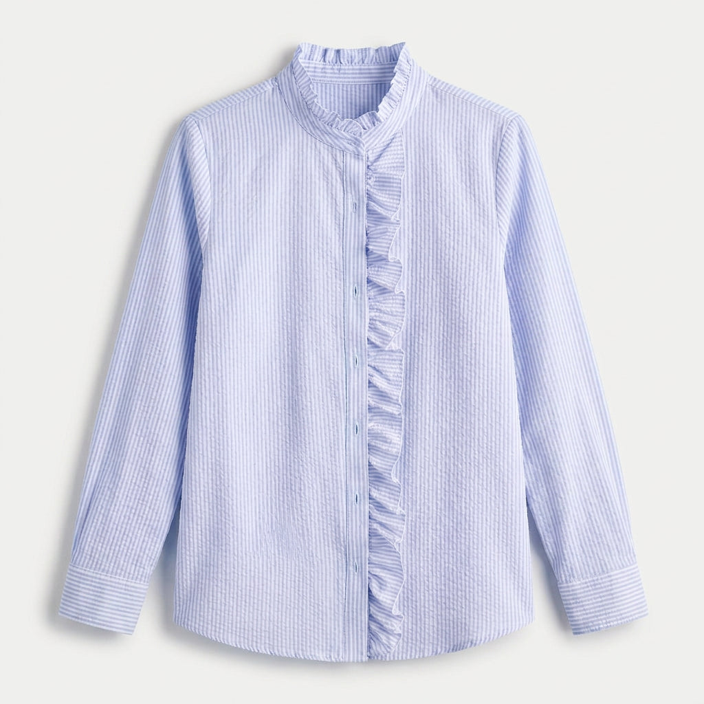 Women's Ruffle Trim Button-Up Blouse – Striped Seersucker