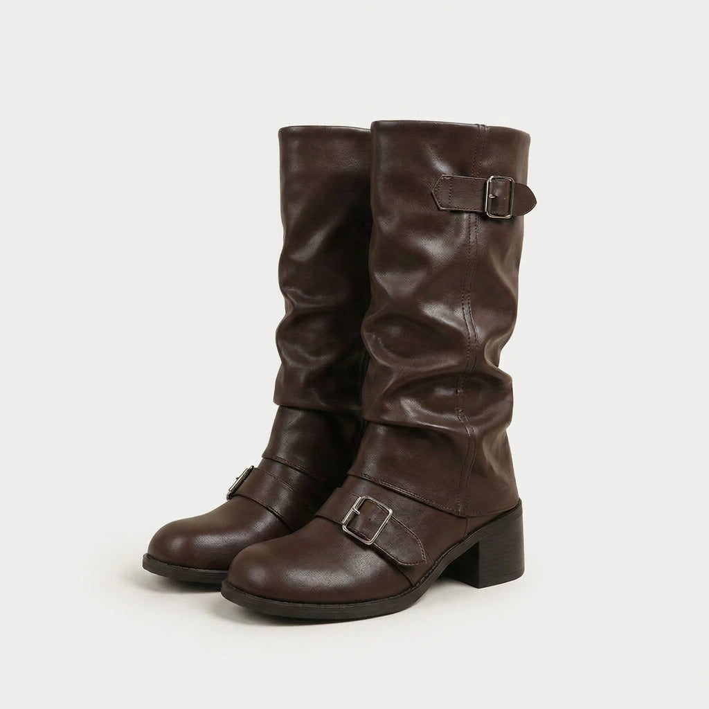 Women's Slouchy Leather Mid-Calf Buckle Boot – Block Heel