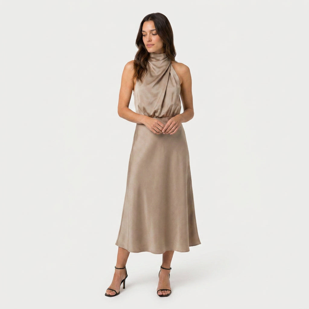 Women's Satin Halter Midi Dress – High Neck