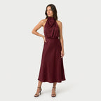 Women's Satin Halter Midi Dress – High Neck