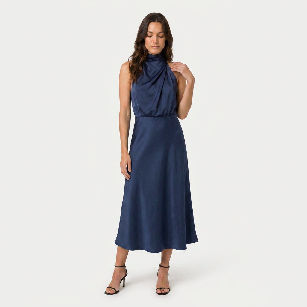 Women's Satin Halter Midi Dress – High Neck