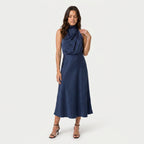 Women's Satin Halter Midi Dress – High Neck