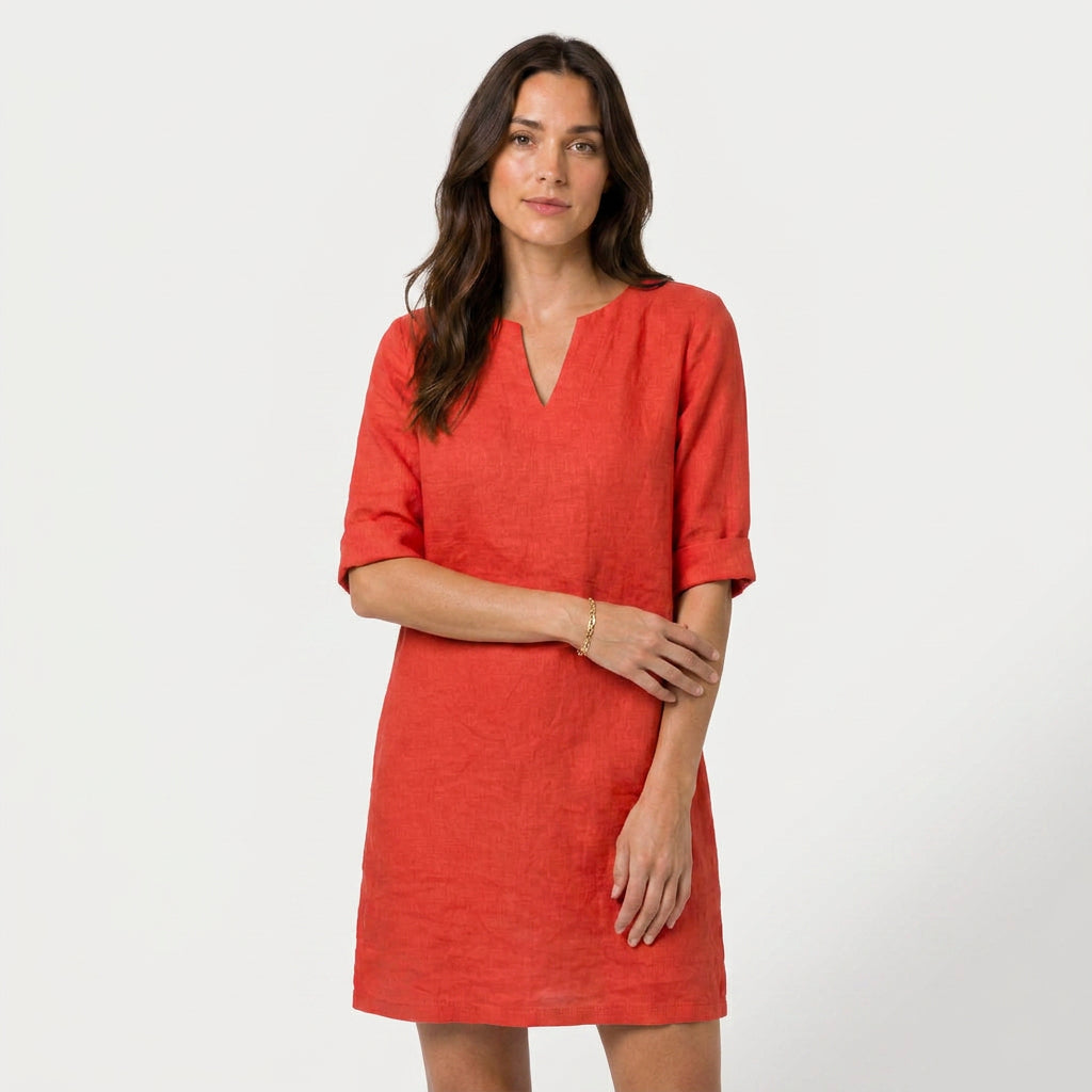 Women's Elbow Sleeve Linen Tunic Dress – V-Neck