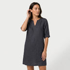 Women's Elbow Sleeve Linen Tunic Dress – V-Neck