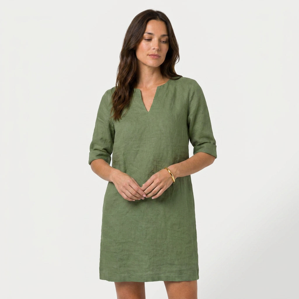 Women's Elbow Sleeve Linen Tunic Dress – V-Neck