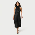 Women's Satin Halter Midi Dress – High Neck