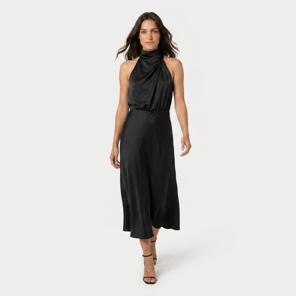 Women's Satin Halter Midi Dress – High Neck