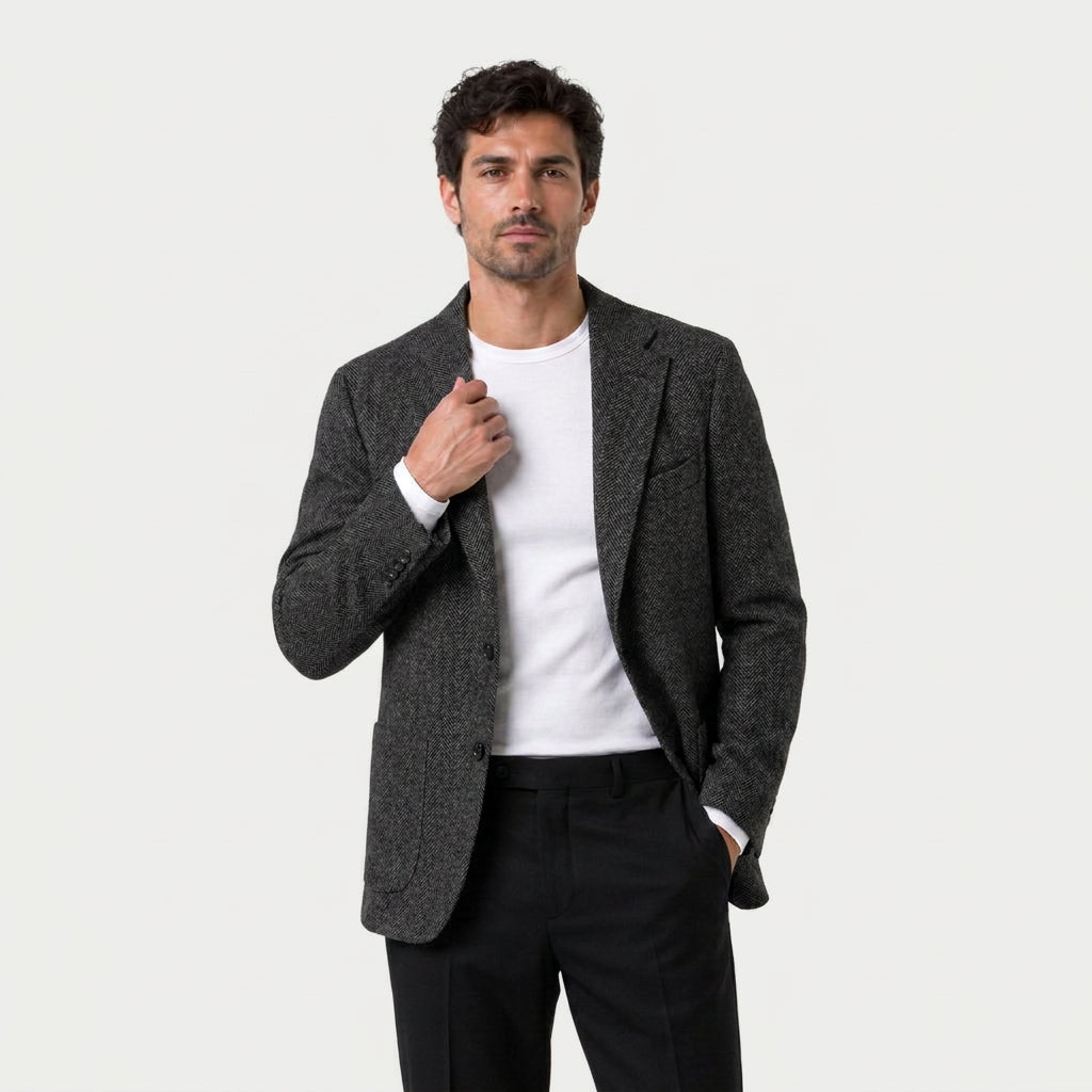 Men's Herringbone Two-Button Blazer – Textured Wool Blend