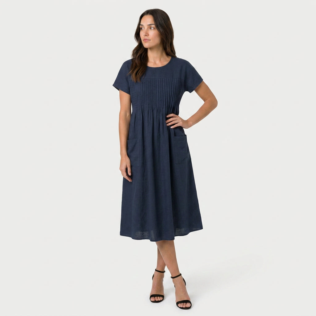 Women's Short Sleeve Pintuck Midi Dress – Pockets