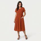 Women's Short Sleeve Pintuck Midi Dress – Pockets