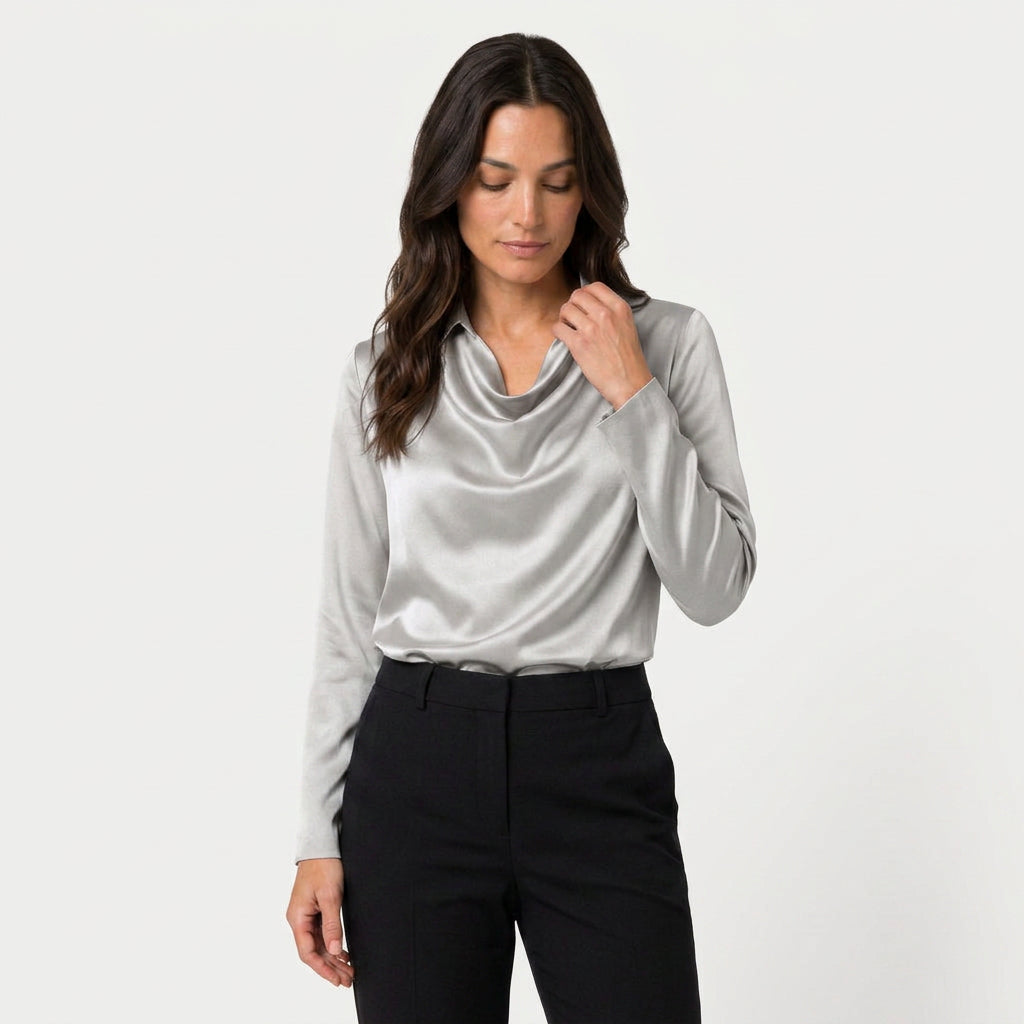 Women's Satin Long Sleeve Blouse – Cowl Neck