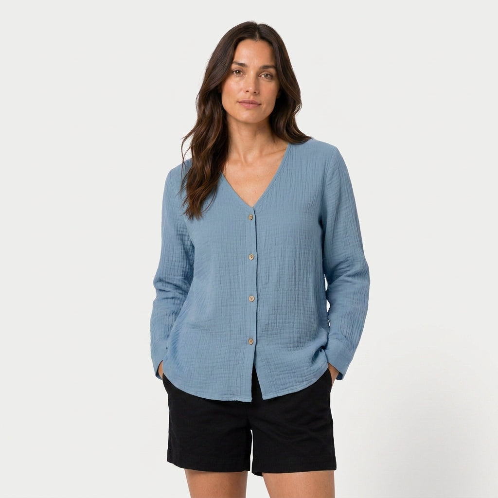 Women's Cotton Gauze Button-Up Blouse – V-Neck
