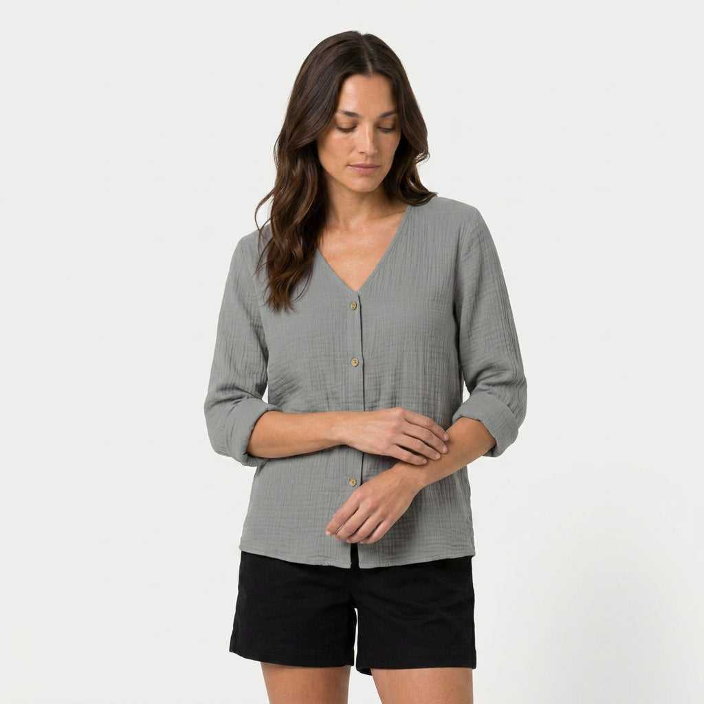 Women's Cotton Gauze Button-Up Blouse – V-Neck
