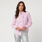 Women's Ruffle Trim Button-Up Blouse – Striped Seersucker